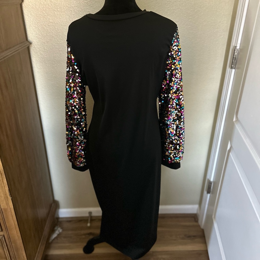 Elegant Black Dress with Multicolor Sequin Sleeves